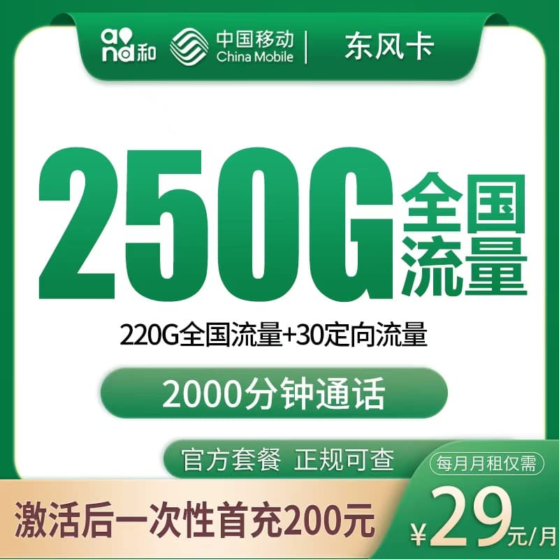 N移动东风卡29元250G+2000分钟【发全国】产品图：中国移动正规流量卡套餐