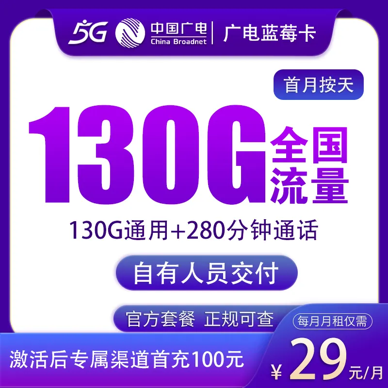 广电蓝莓卡29元130G+280分钟【只发天津】产品图