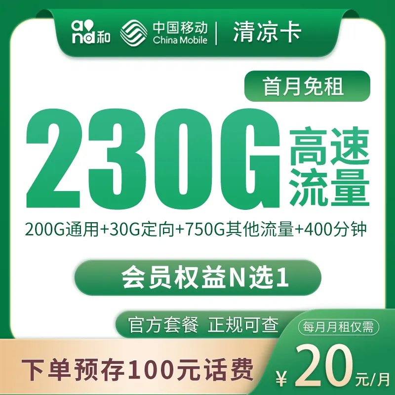 移动清凉卡20元230G+400分钟【只发四川】产品图