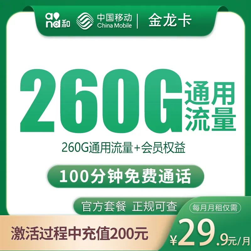 移动金龙卡29.9元260G+100分钟【只发四川眉山】产品图