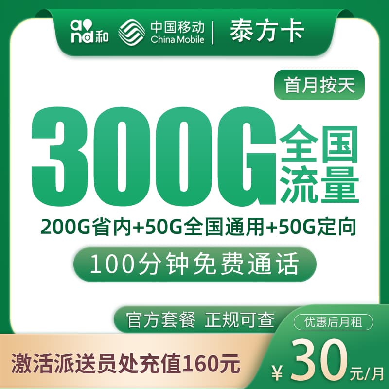 移动泰方卡30元300G+100分钟【只发山东】产品图:中国移动正规流量卡套餐