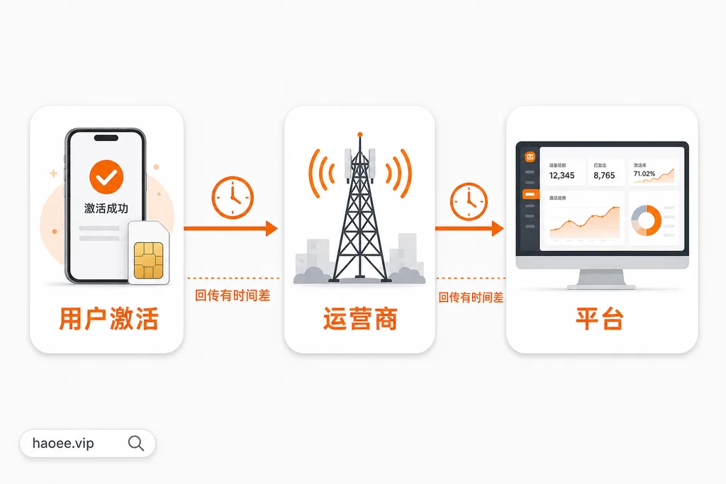 号易激活状态回传:用户激活 → 运营商 → 平台,有时间差 号易激活状态回传流程:激活后上报运营商再回传平台存在时间差 - haoyi.online