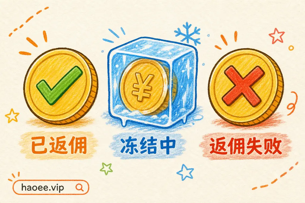号易佣金的三种状态：已返佣、冻结中、返佣失败 - haoyi.online
