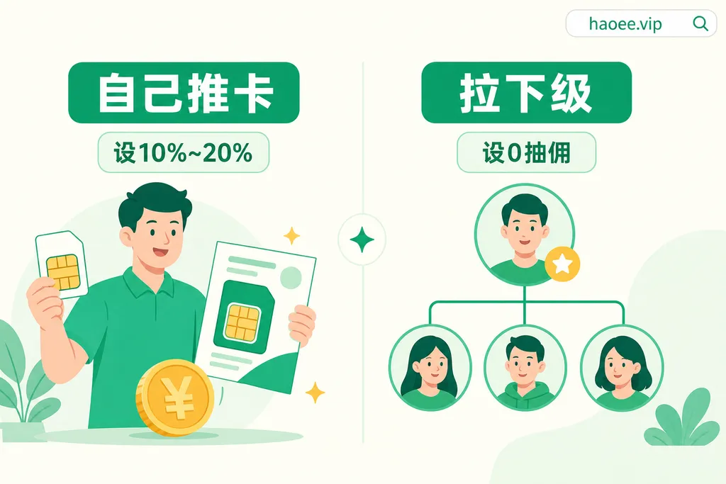号易佣金玩法:自己推卡设高留差价、拉下级设0冲补贴 号易佣金设置玩法:自己推卡设10%~20%、拉下级设0抽佣 - haoyi.online